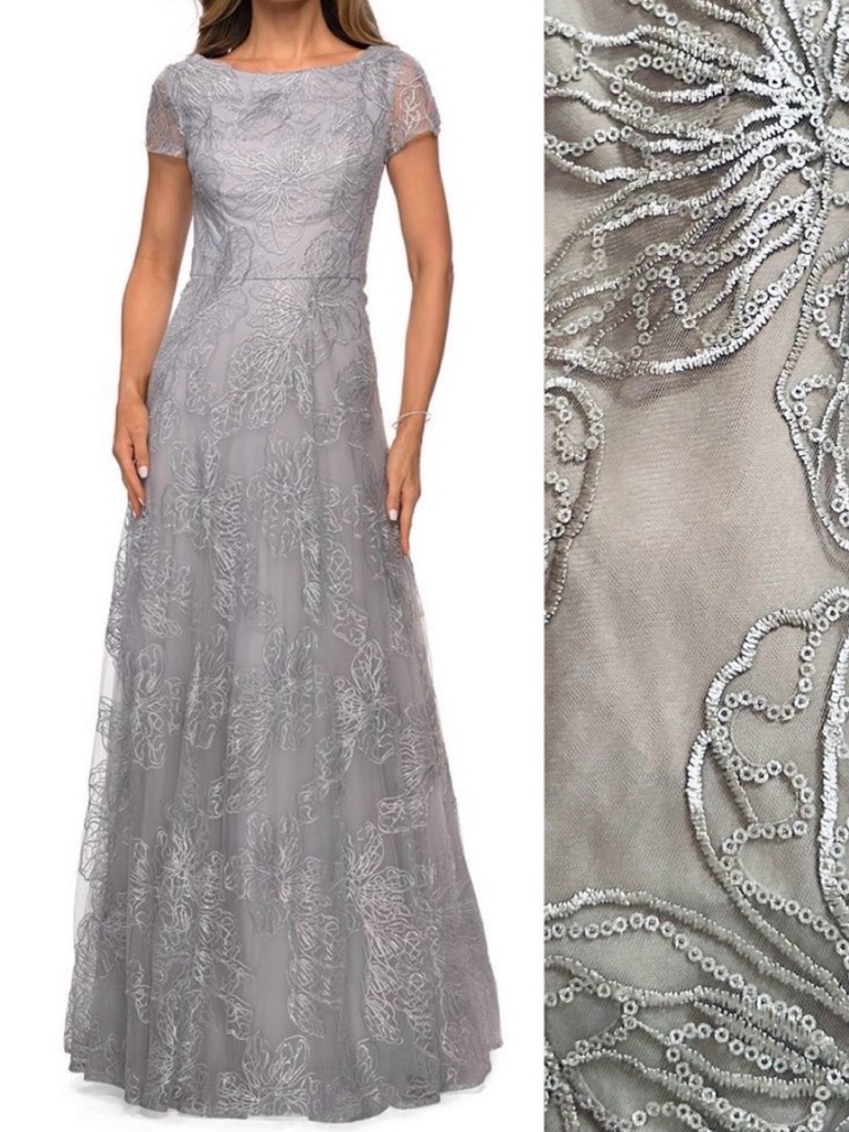 La Femme Sequin Lace A-Line Gown With Sheer Short Sleeves - Grey - 10